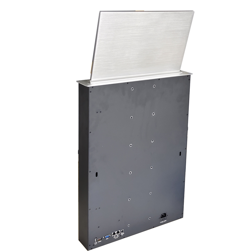 Ištraukiamas motorizuotas skystųjų kristalų monitorių pakeliamas stalas, skirtas nepopierinei konferencijų sistemai